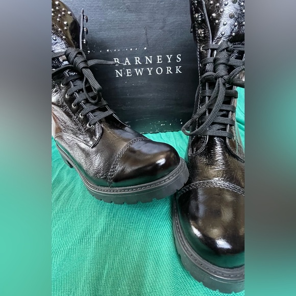 BARNEYS NEW YORK Silver Studded Black Leather Lace Up Ankle Combat Boots  Size 38